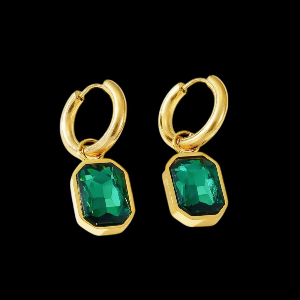 E7. Green Gem 18K Plated Hoops - New in Box - No Cancels